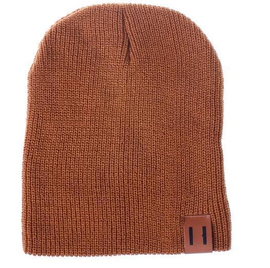 Camel knit beanie hat with front logo patch