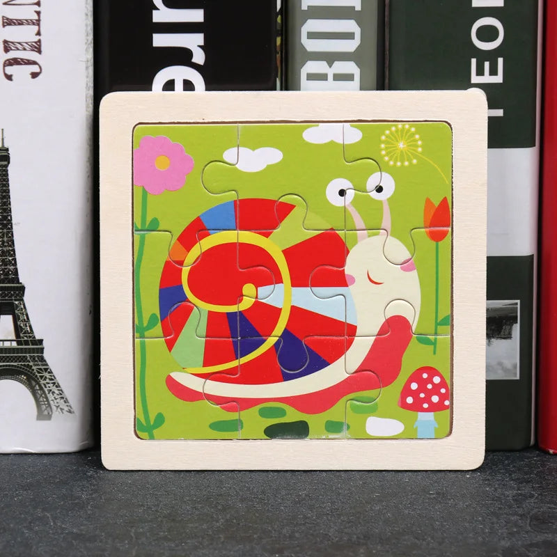 Wooden cartoon animal jigsaw puzzle with red-and-white character and interlocking pieces
