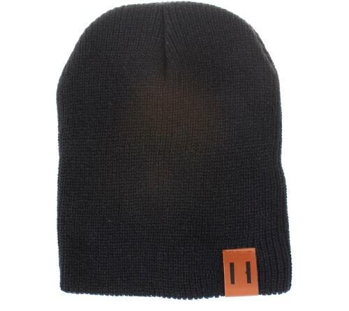 Black knit beanie hat with front logo patch