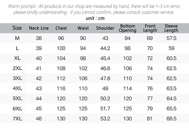 Dress shirt size chart listing neck, chest, waist, shoulder, bottom, front, sleeve length