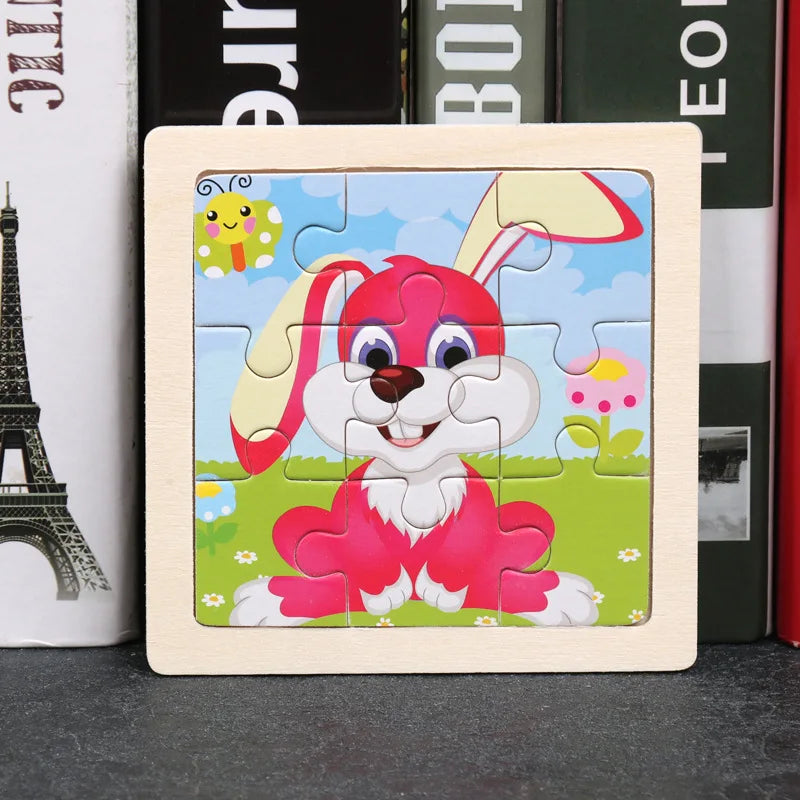 Wooden cartoon bunny jigsaw puzzle with interlocking pieces in a square wooden frame