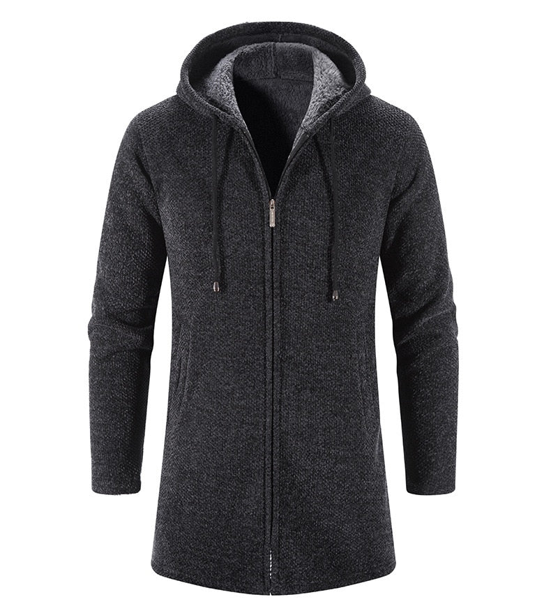 Men's charcoal gray hooded zip cardigan coat with drawstring collar and side pockets