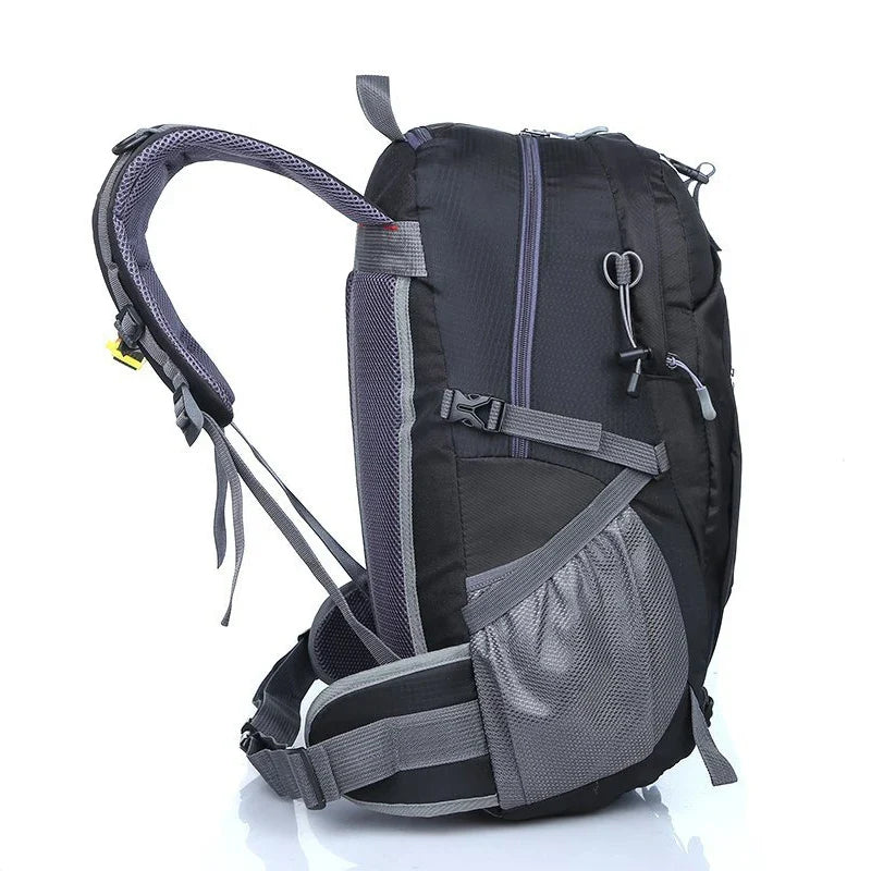 Water-resistant hiking backpack with gray-mesh panel and adjustable shoulder straps