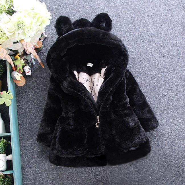 Black hooded faux-fur toddler jacket with bear-ear hood and zip front