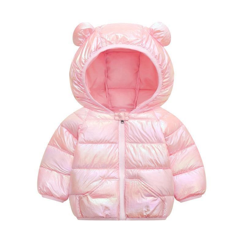 Pink shiny hooded puffer coat for toddlers with bear-ear hood, zip front