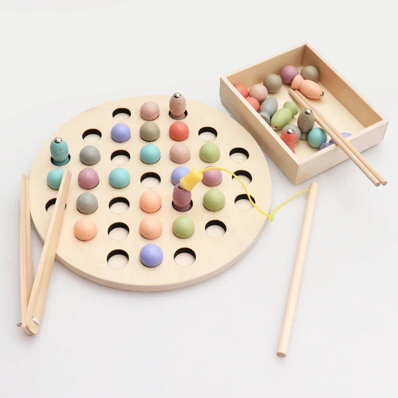Round wooden bead counting board with pastel fish magnets and wooden rods