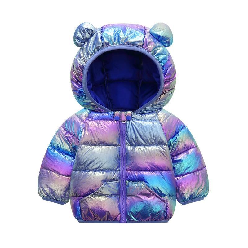 Infant hooded puffer jacket, iridescent blue, fully zipped, bear-ear hood
