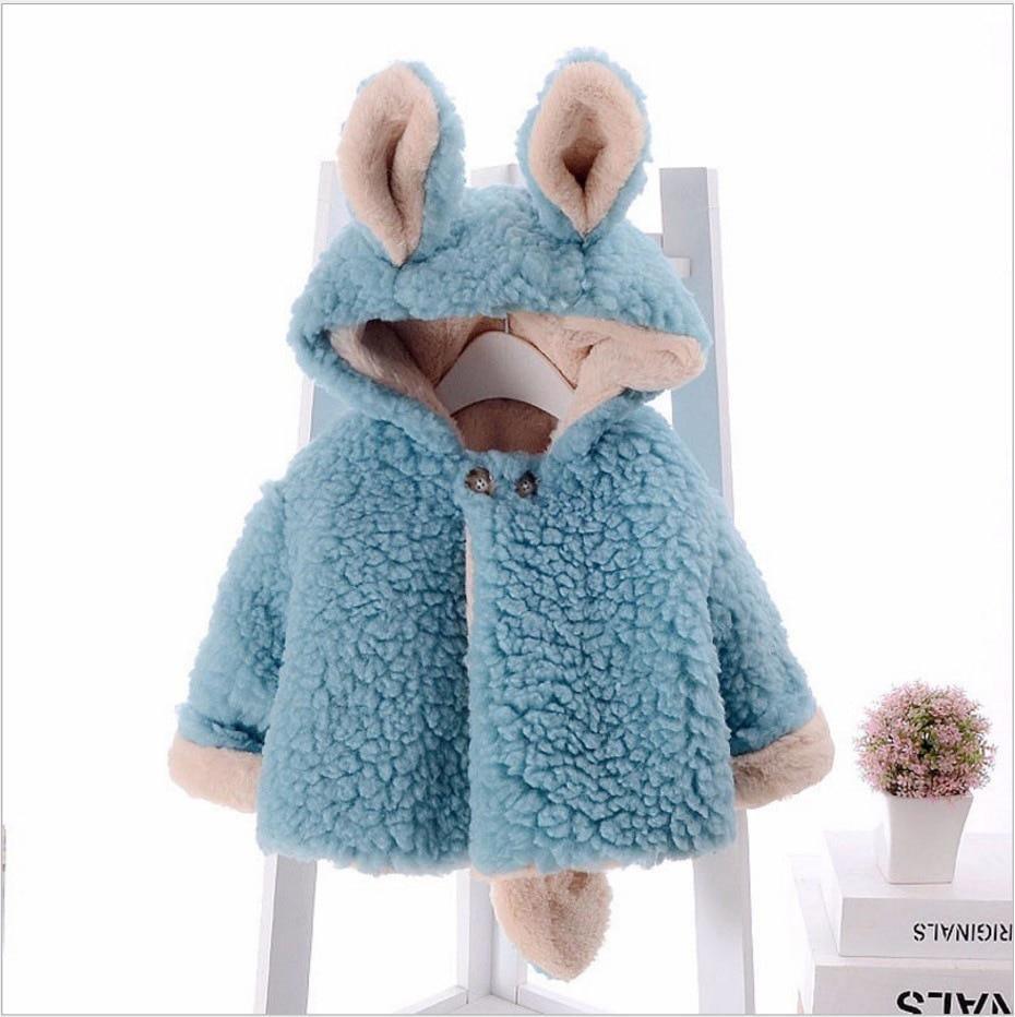 Sky blue plush hooded rabbit jacket with long-ear hood and front zipper placket