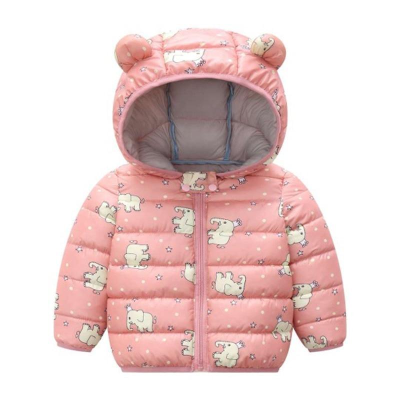 Infant pink padded hooded jacket with animal print, zip-front