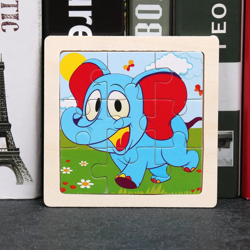 Wooden cartoon blue animal jigsaw puzzle with interlocking pieces in a square frame