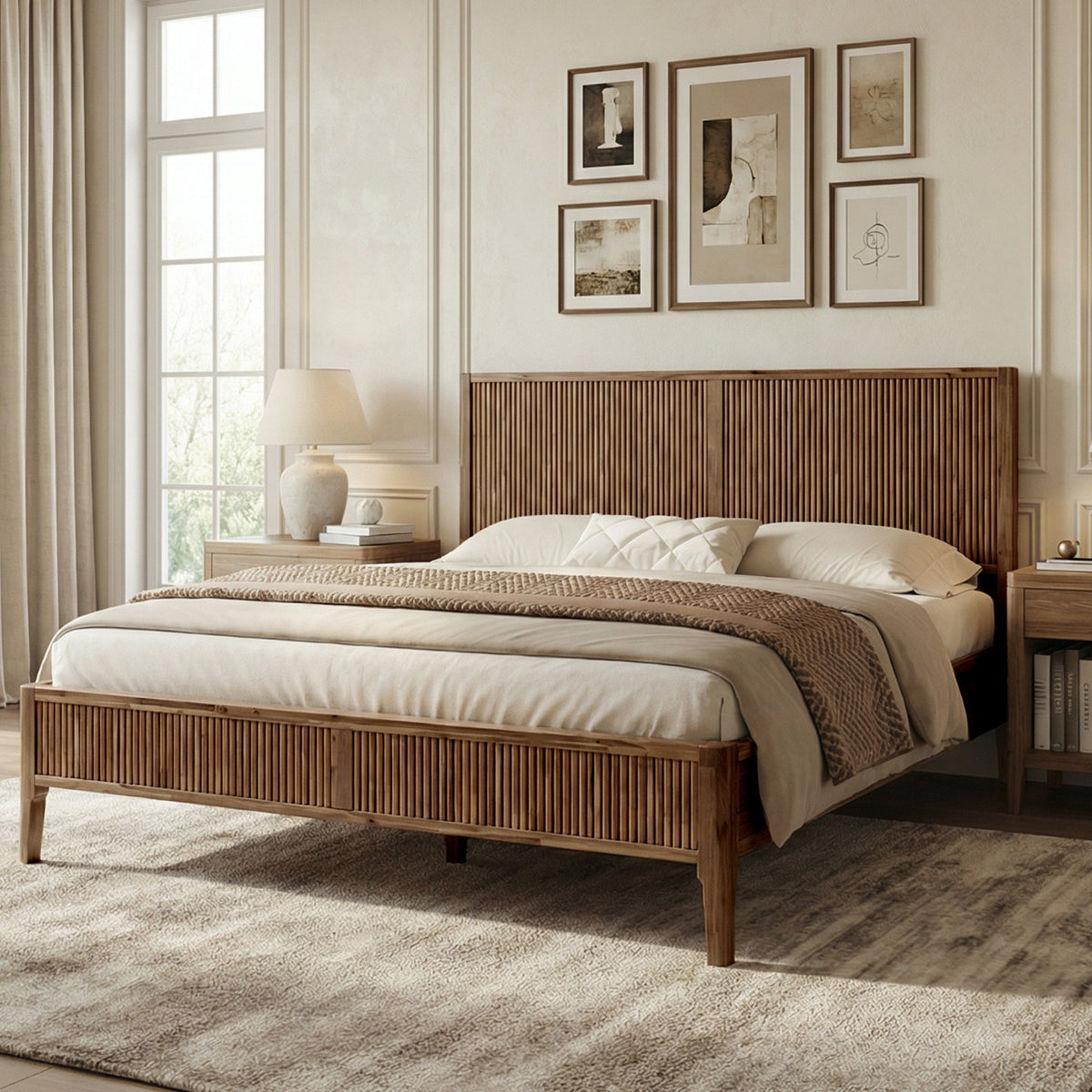 Solid wood bed frame with vertical slat headboard and low platform base
