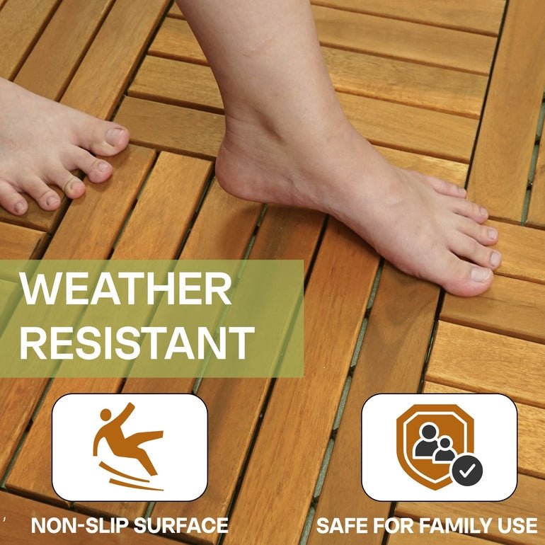 Tan wood deck tiles with slat surface, showing foot placement on the textured boards