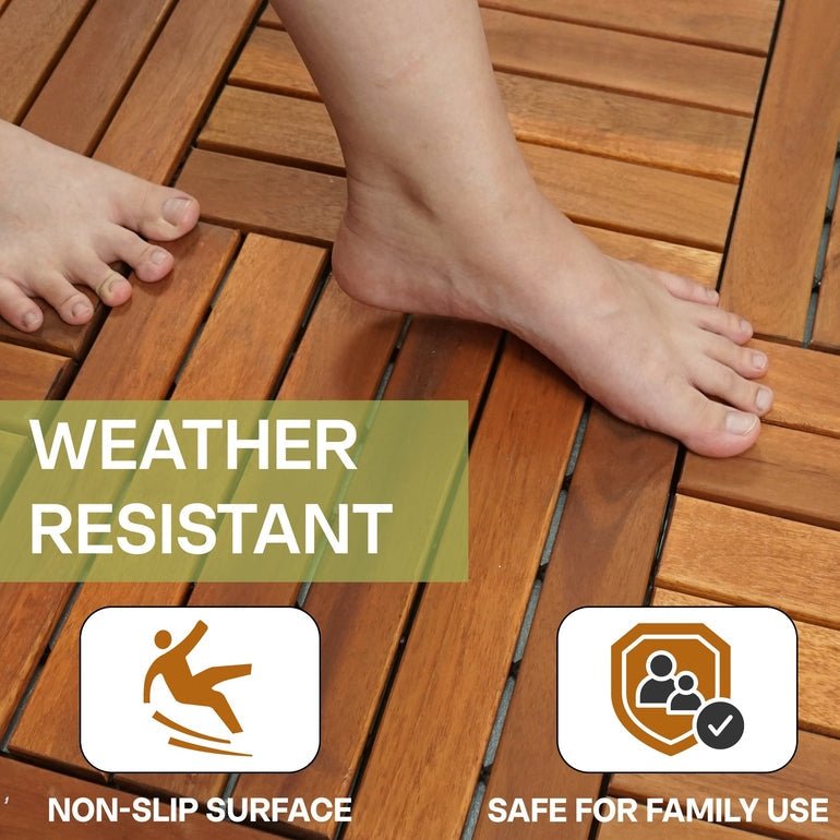 Wood deck tiles with 6 slats and non-slip grooves; close-up foot on surface