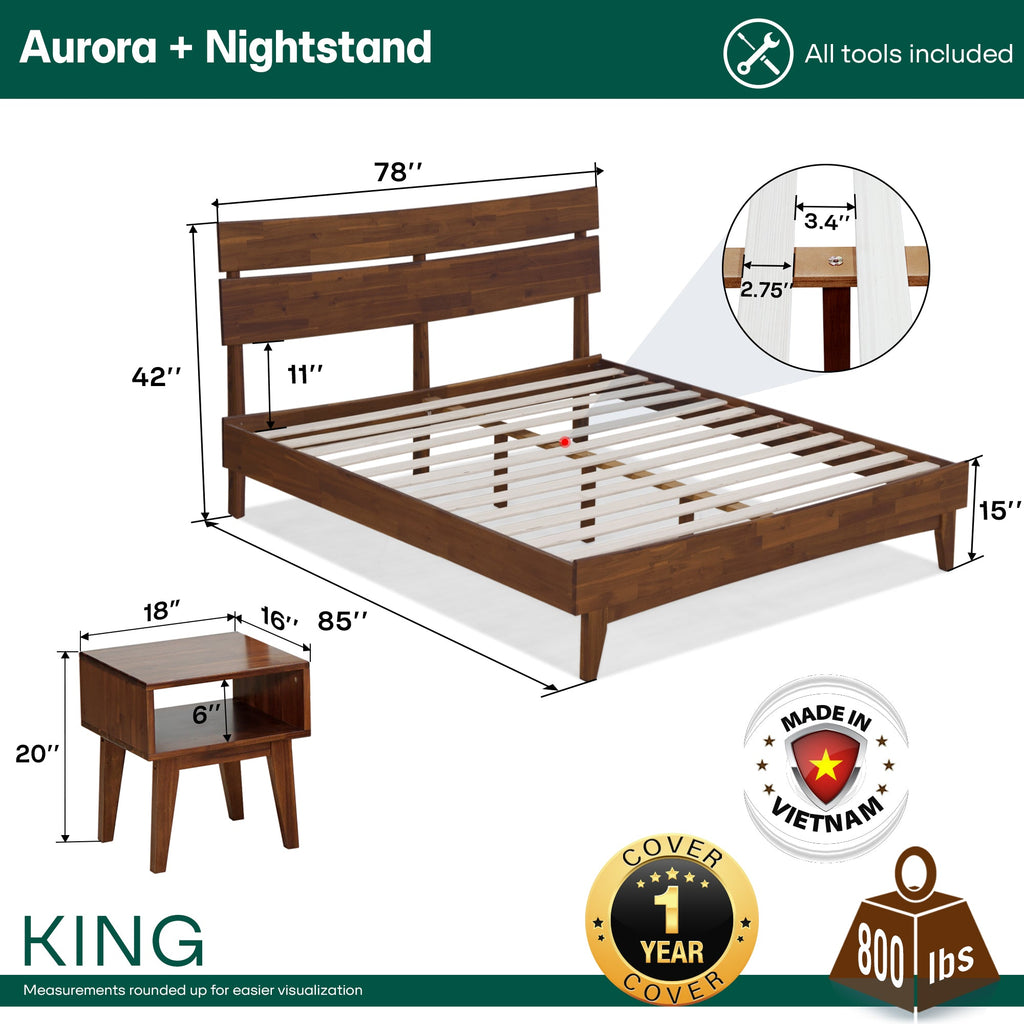 Acacia wood bed frame with matching nightstand and slatted support platform