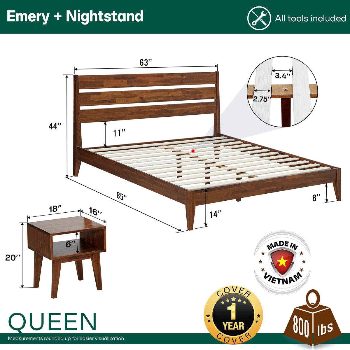 Queen bed and nightstand sizing diagram with slatted bed frame and open nightstand shelf