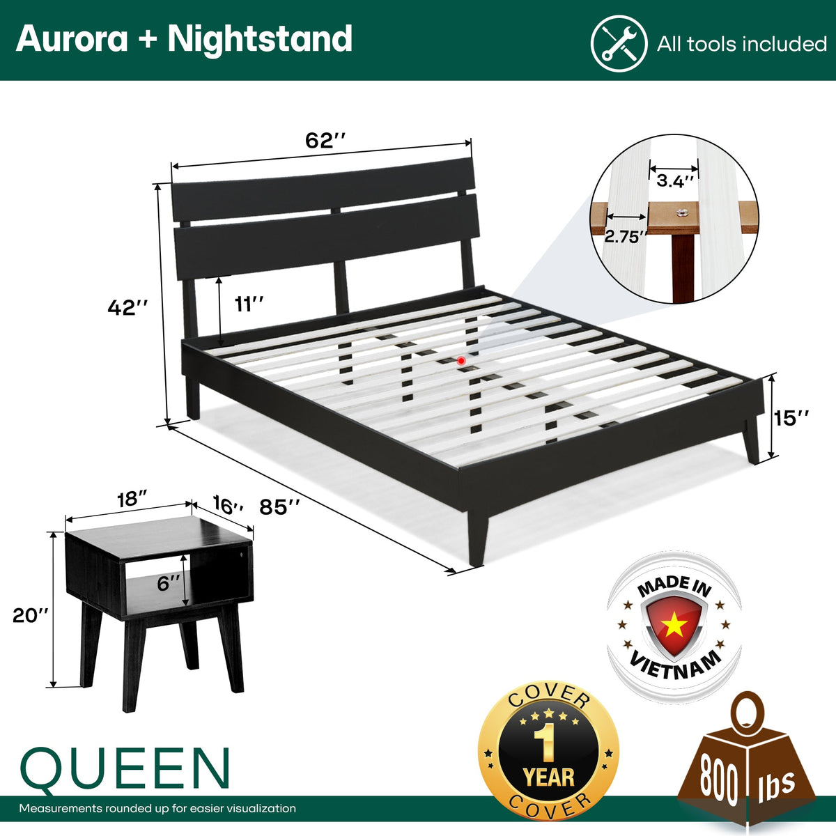 Black bed frame with matching nightstand measurement diagram with slatted base