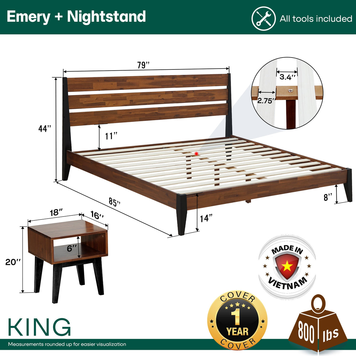 Bed frame and matching nightstand measurement diagram for king size