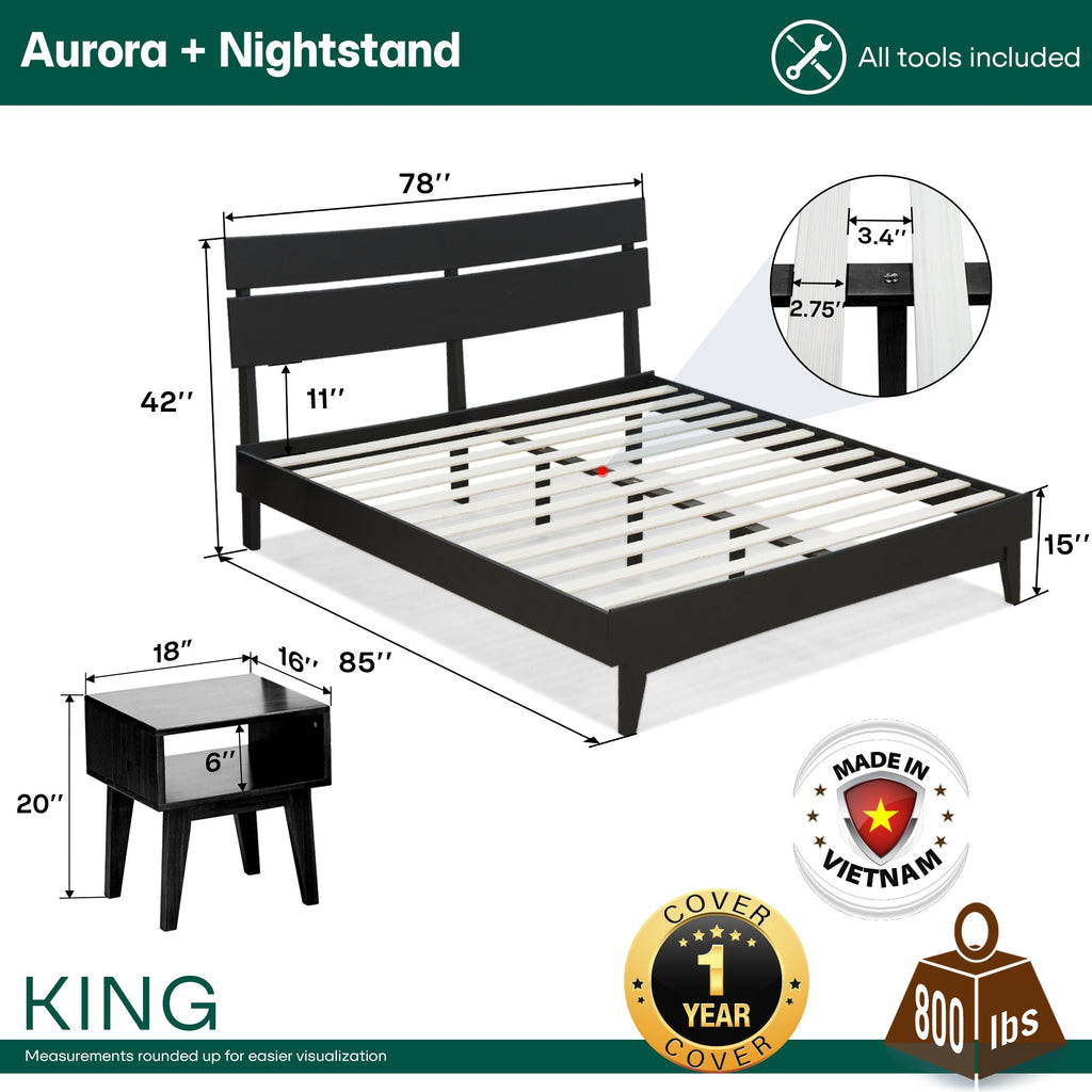 Black bed frame with matching nightstand measurement diagram with slatted base