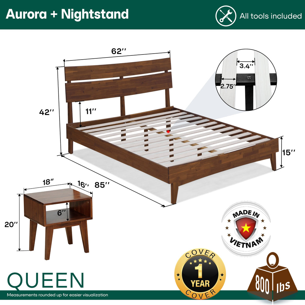 Acacia wood bed frame with matching nightstand and slatted support platform, angled view