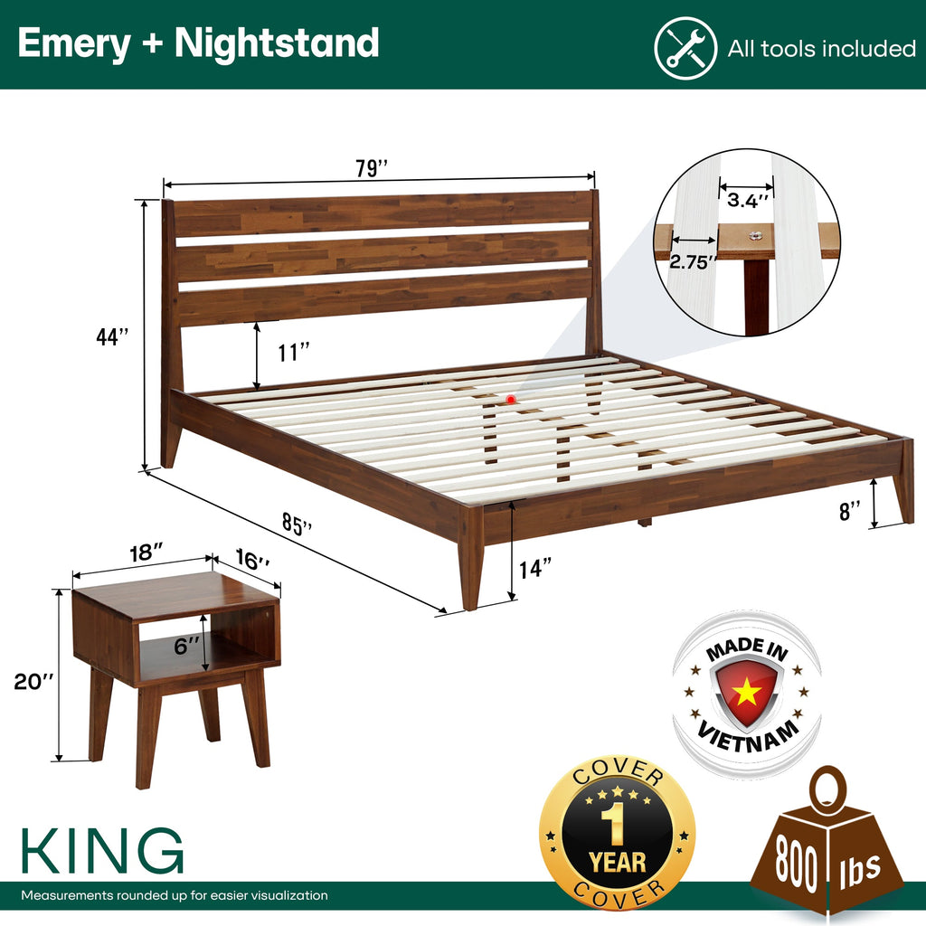 King bed and nightstand sizing diagram with slatted bed frame and open nightstand shelf