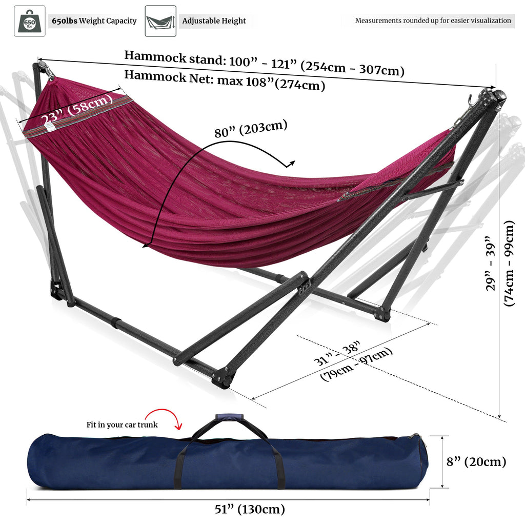 Maroon hammock with black metal stand and blue carry bag, shown with measurements.