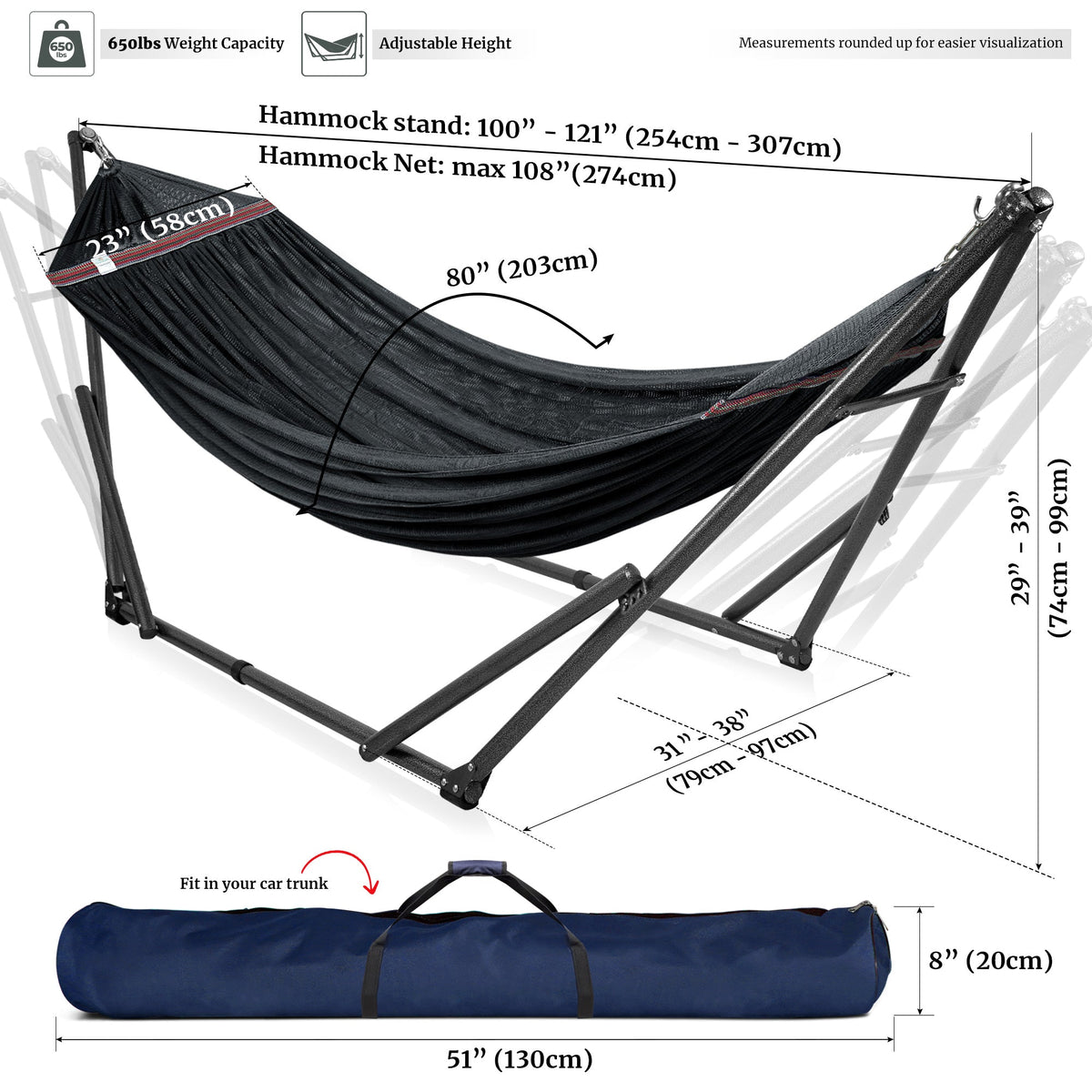 Black hammock on adjustable metal stand with curved hammock net