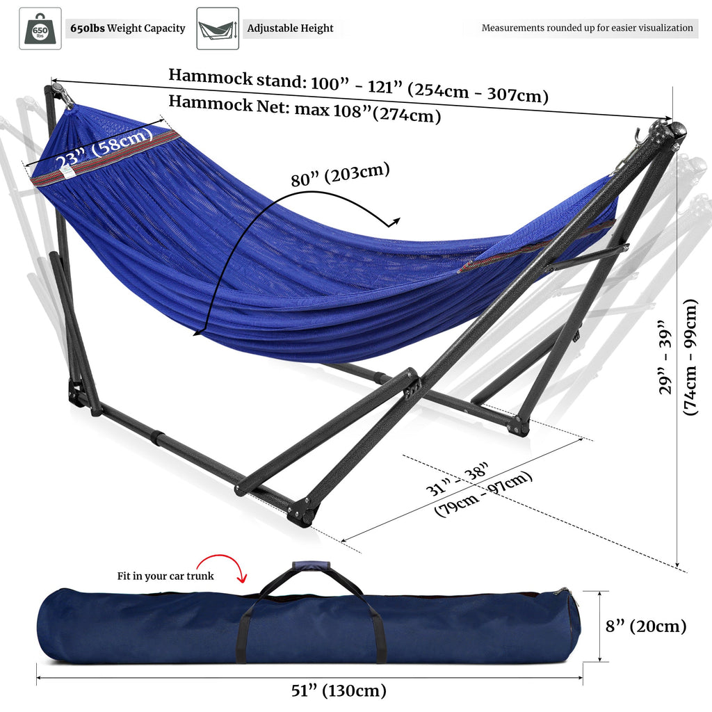 Universal hammock with medium stands in blue, black frame with hammock suspension straps