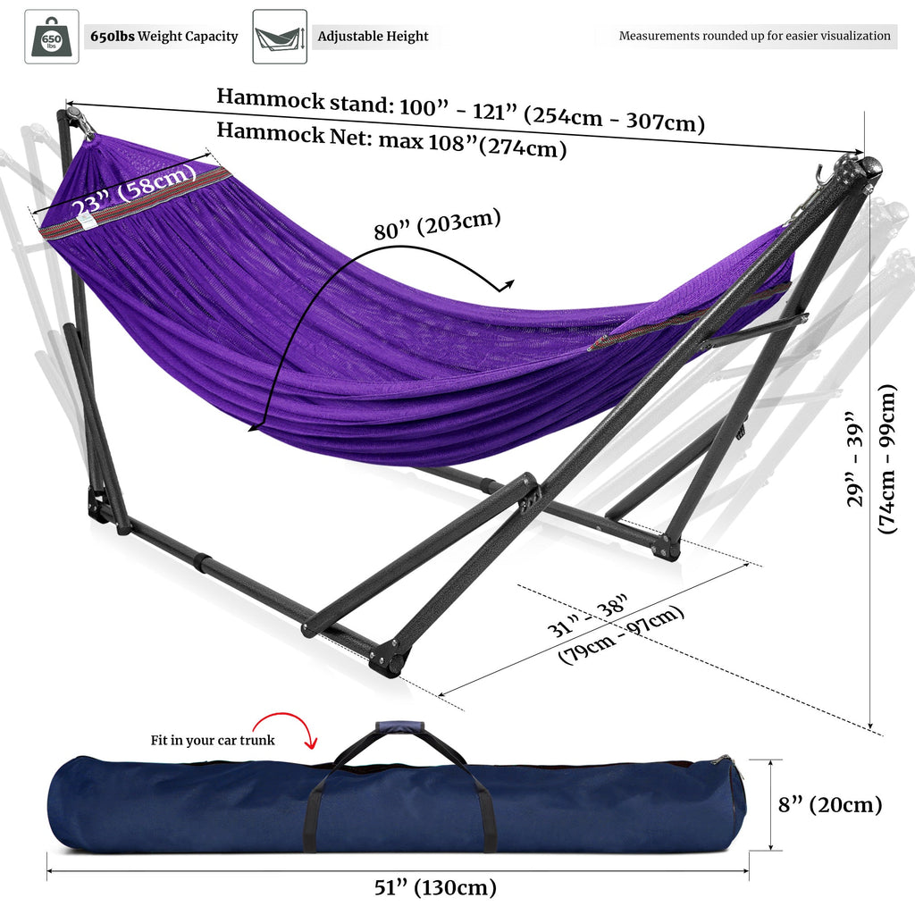 Purple hammock suspended on black adjustable stand with fabric net