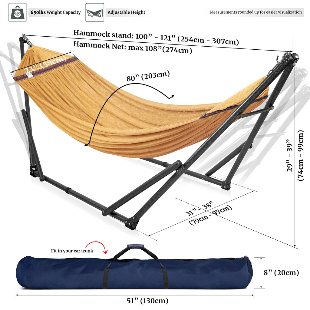 Orange hammock with black stand and included carry bag, with size layout