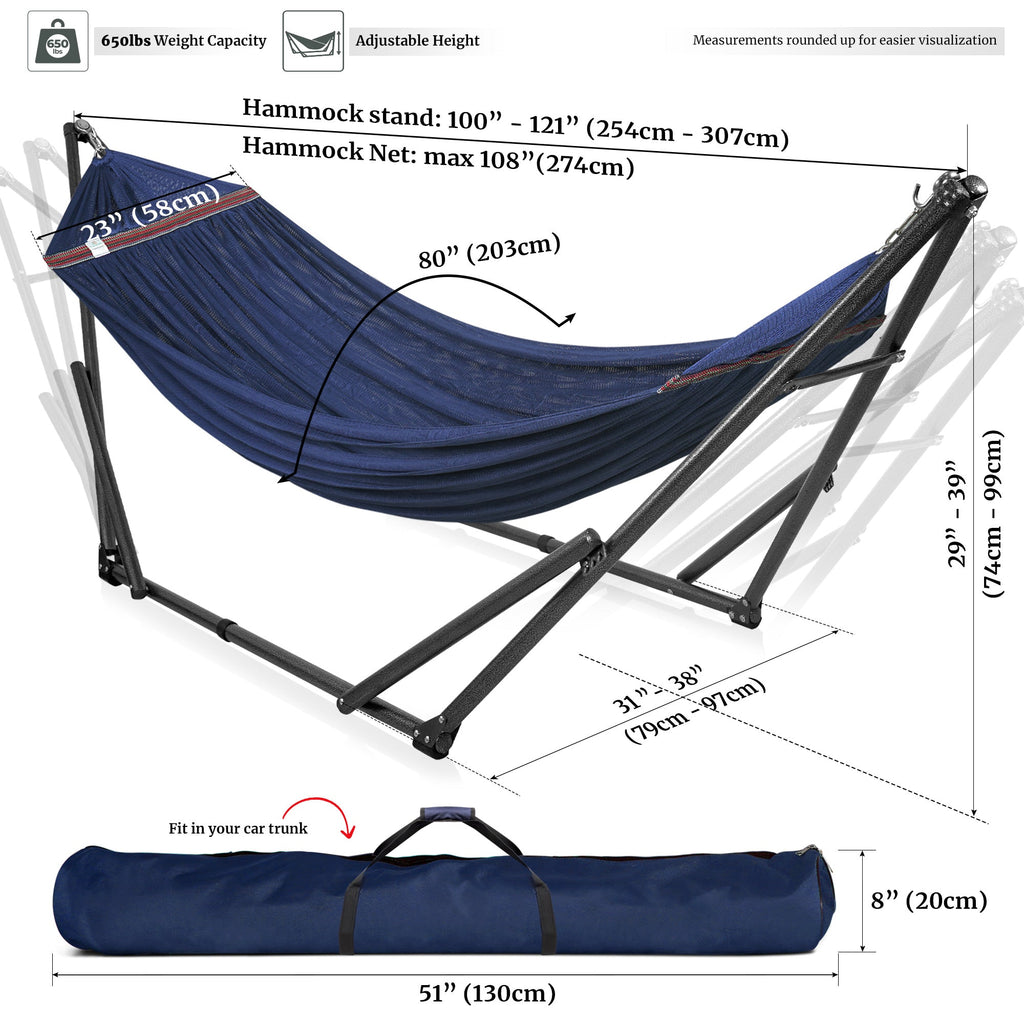 Blue hammock with black folding stand and included carry bag