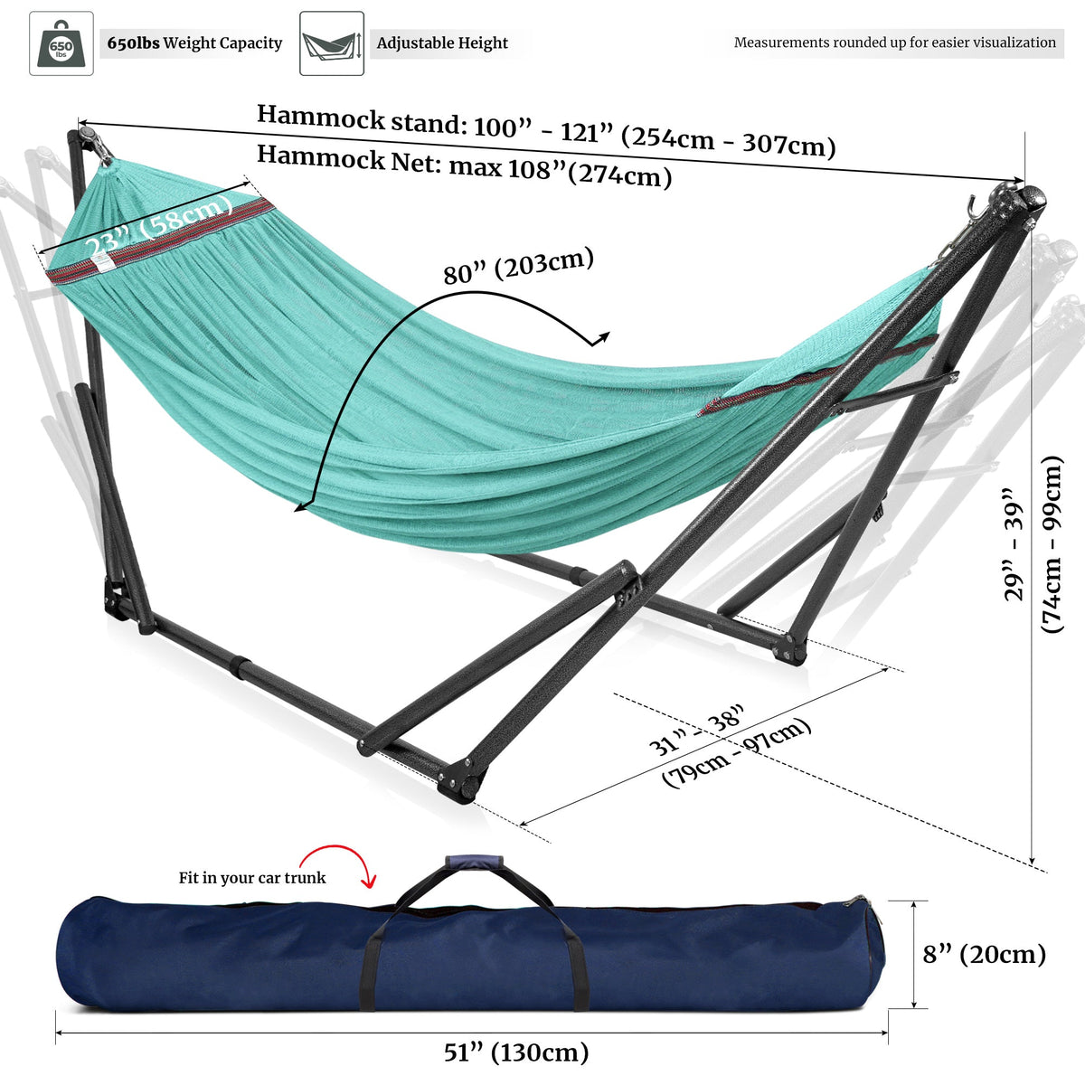 Teal hammock with black folding stand, dimensions shown with a carry bag at the bottom