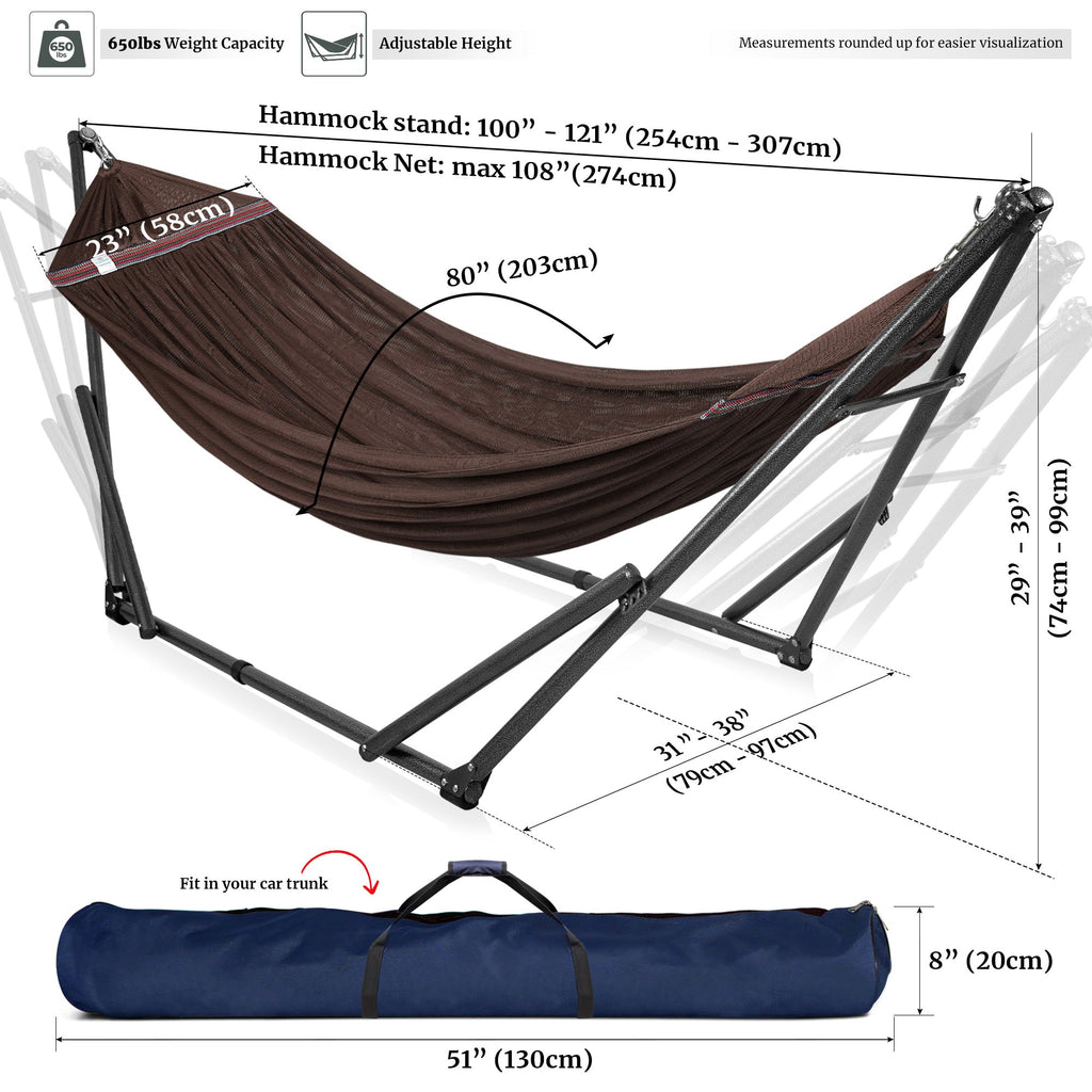 Brown hammock with black metal stand frame and hanging ropes, plus carry bag pictured