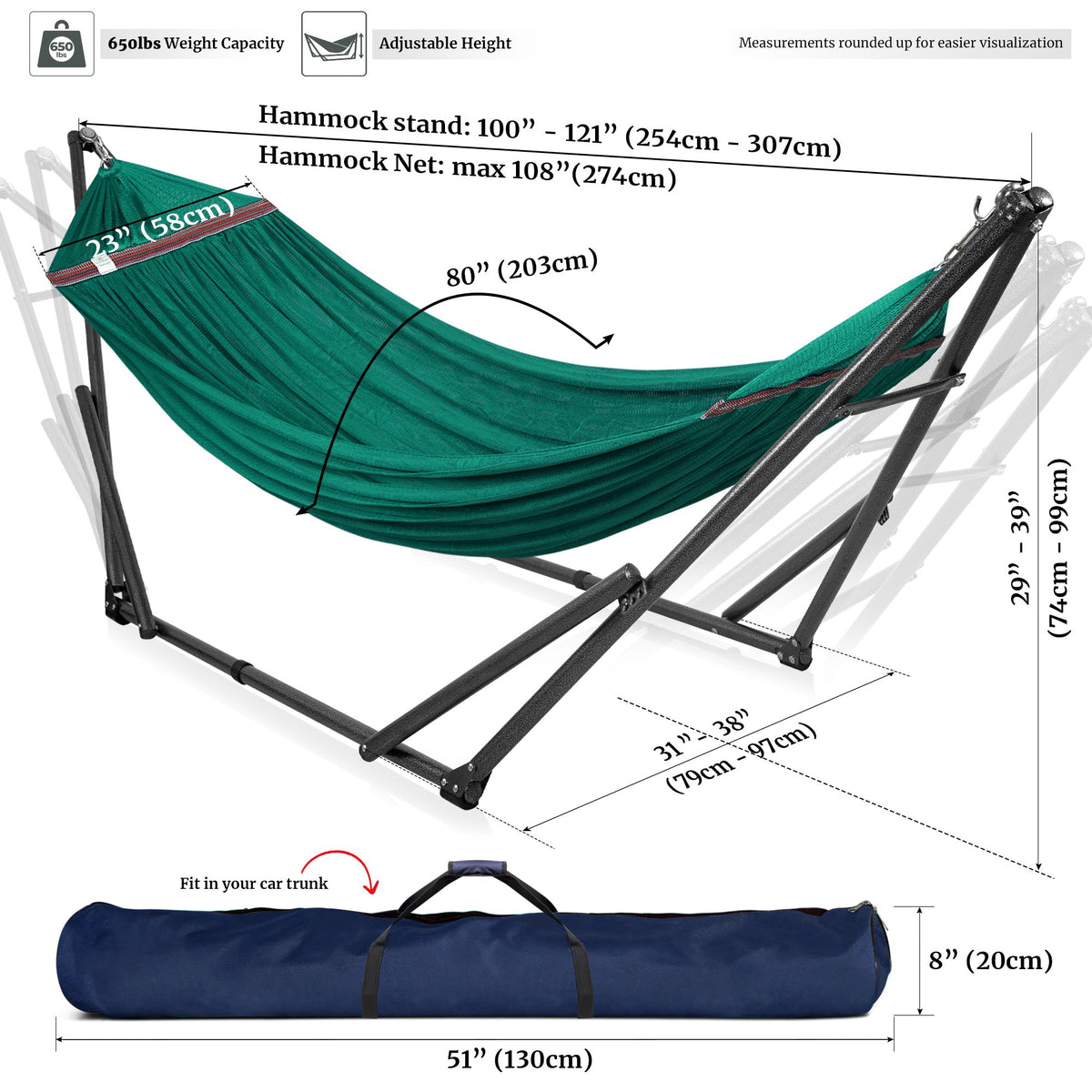 Teal hammock with black stand, adjustable height and size measurement diagram