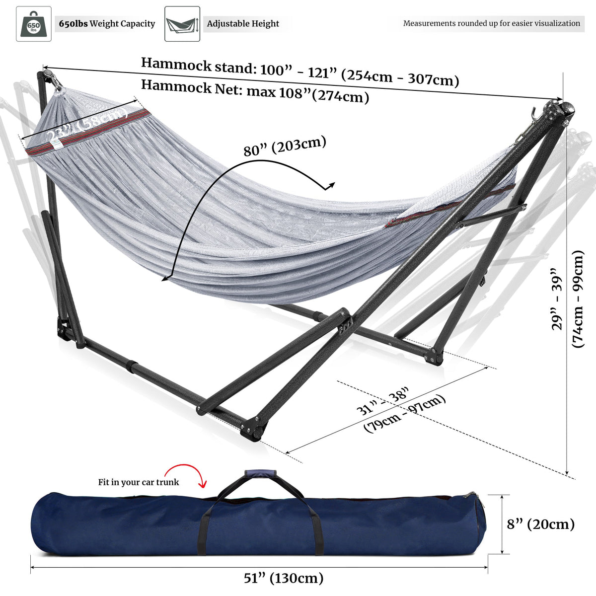 Light gray hammock with black metal stand and blue carry bag, size diagram included