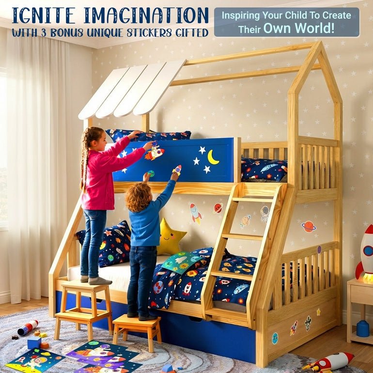 Kids bunk bed with navy star-and-moon paneling, natural wood frame, and ladder