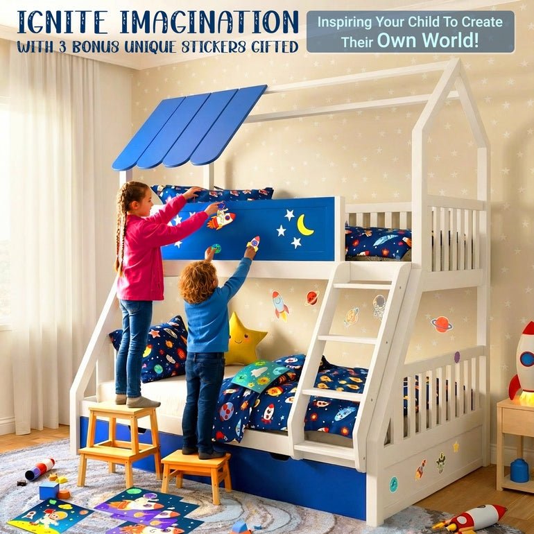 White bunk bed with navy and blue star panel, open play space, and fabric roof