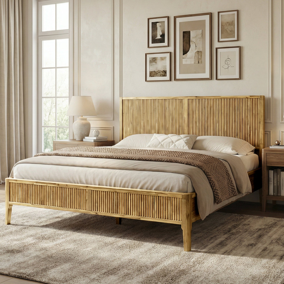 Light-colored wood bed frame with vertical slat panels and tapered wooden legs