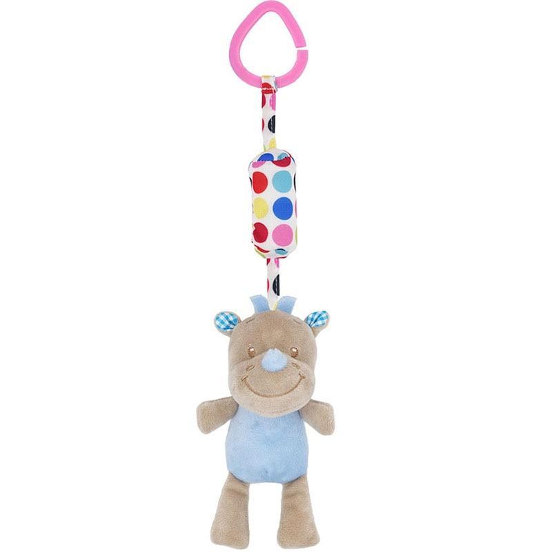 Blue plush teddy bear baby mobile toy with multicolor hanging fabric sleeve