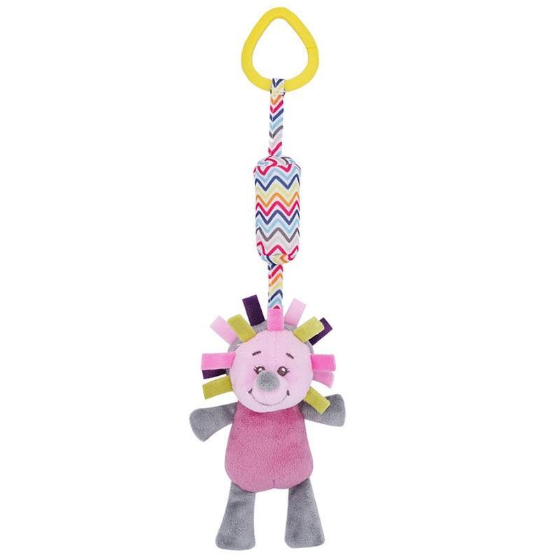 Pink plush bunny baby mobile toy with patterned cord and ribbon details