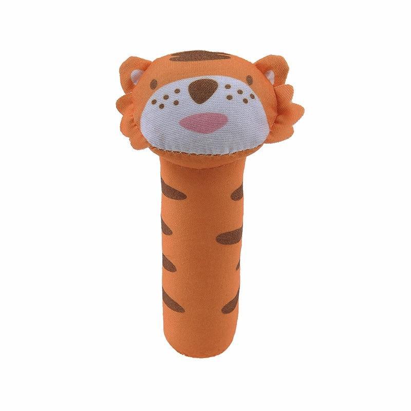 Plush lion rattle bell toy with orange fur and spotted face