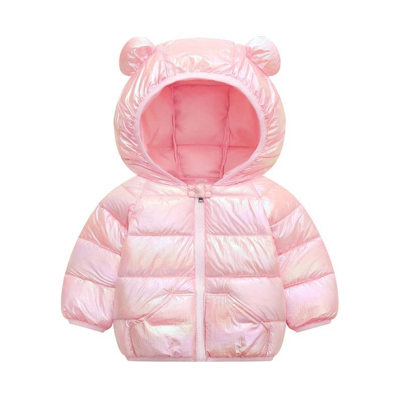 Infant hooded puffer jacket, light pink, fully zipped, bear-ear hood