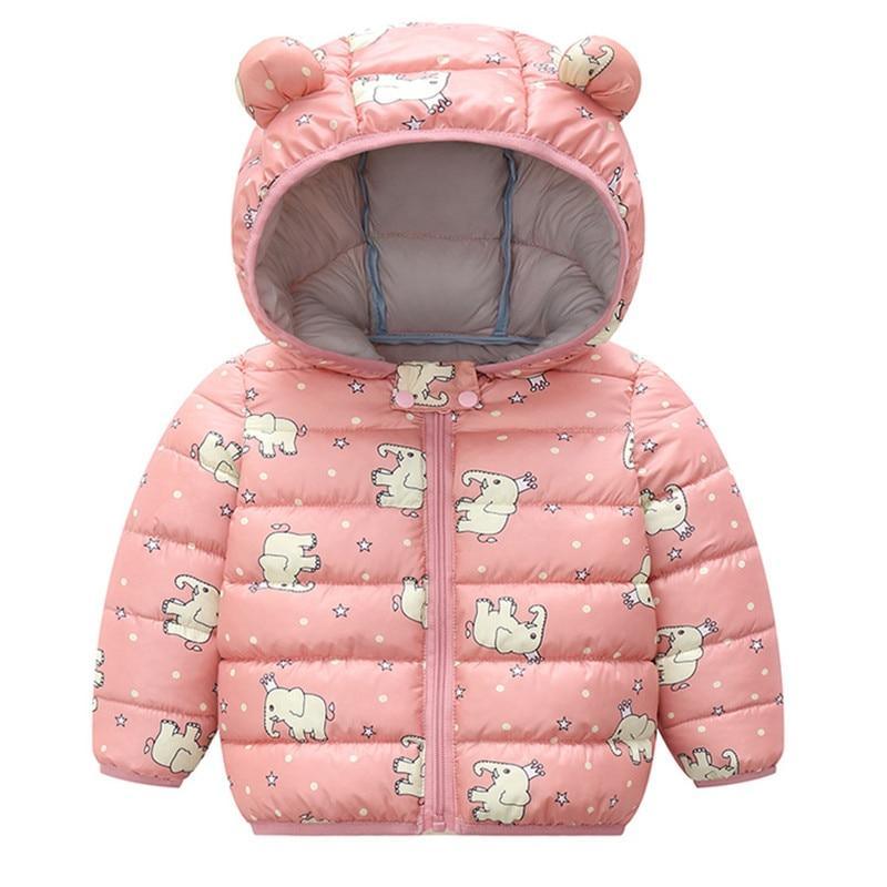 Kids hooded puffer coat in light pink with animal print, bear-ear hood, zip front