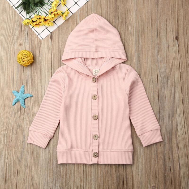 Infant pink hooded knit cardigan jacket with long sleeves and button front