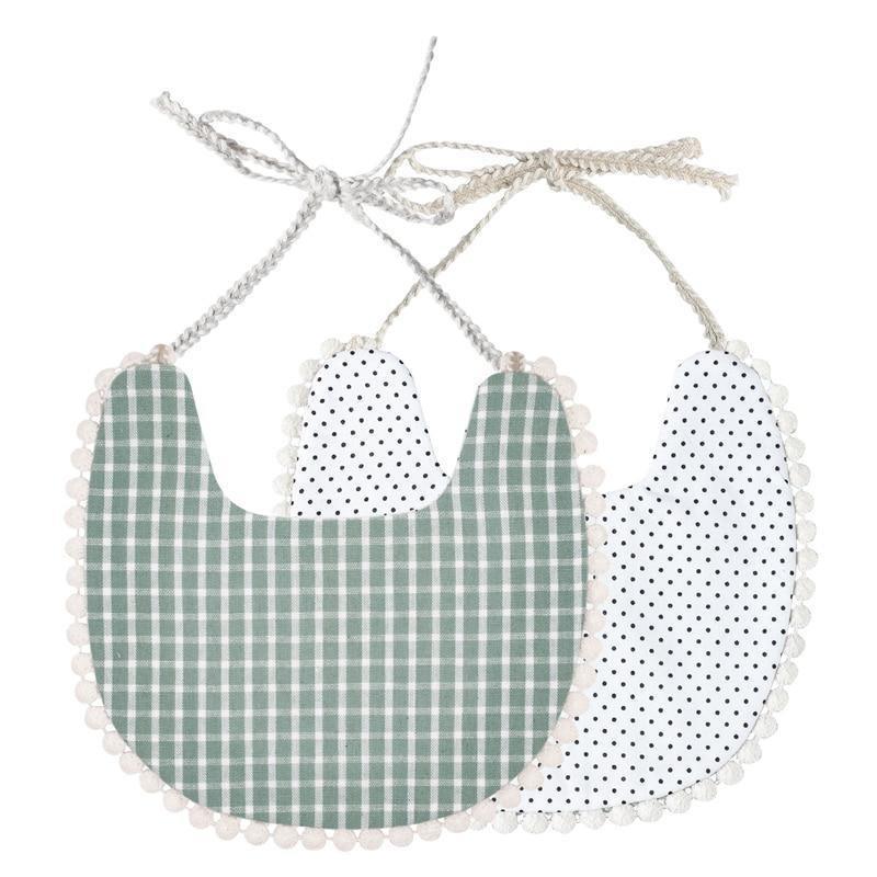 Green check and white dot double-layer baby bib set with pom trim and tied neck