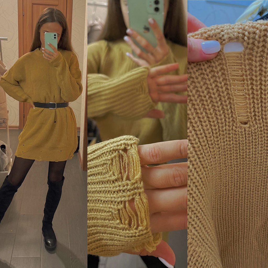 O-neck oversized mini knitted sweater dress, long sleeves, mustard-yellow knit texture