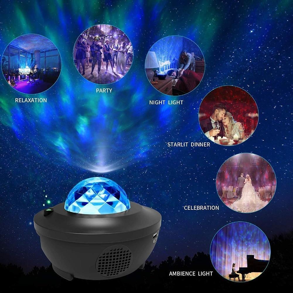 Black LED Bluetooth speaker projector with dome top emitting blue starry light