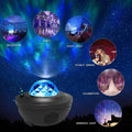 Black LED Bluetooth speaker projector casting blue starry light, multiple modes shown