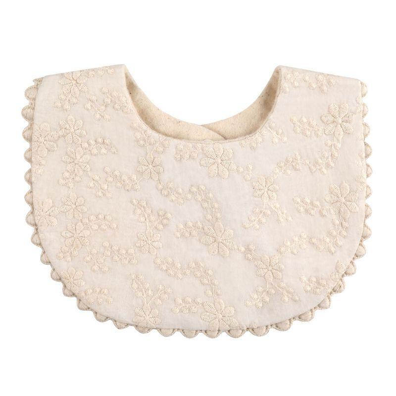 Infant double-sided bib, light cream floral embroidery with scalloped edges