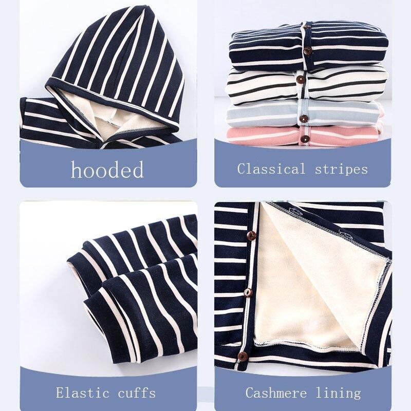 Hooded striped baby cardigan detail view with elastic cuffs and lined interior.