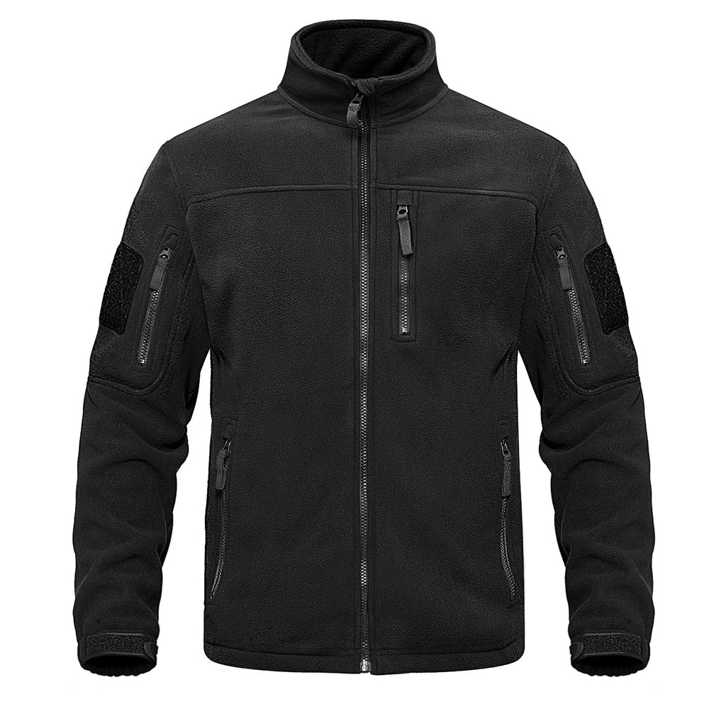 Fleece full-zip jacket in black with stand collar, front zipper, and zip vents